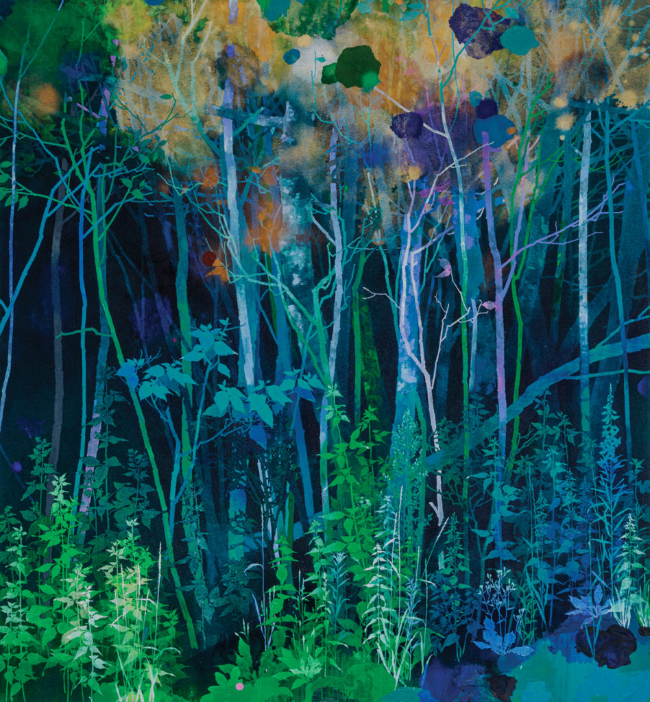 Henrik Simonsen Contemporary Painting Night Trees Blue Green
