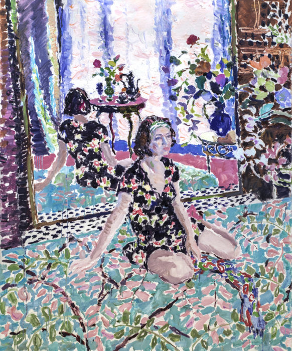 Findlay Galleries Figure Painting Hugo Grenville Girl on pattern carpet mirror behind