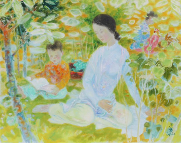 Findlay Galleries Figure Painting Le Pho Son and Mother Sitting in Garden