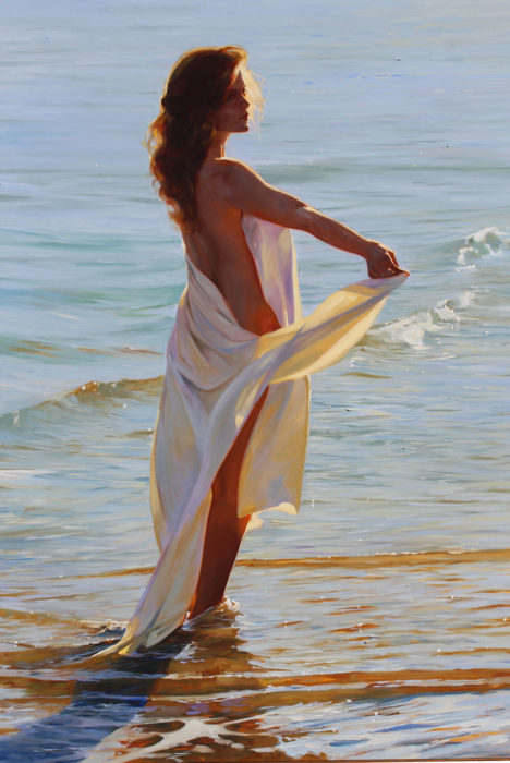 Findlay Galleries Figure Painting Lluis Ribas Woman in Robe on Beach Hyper Realist
