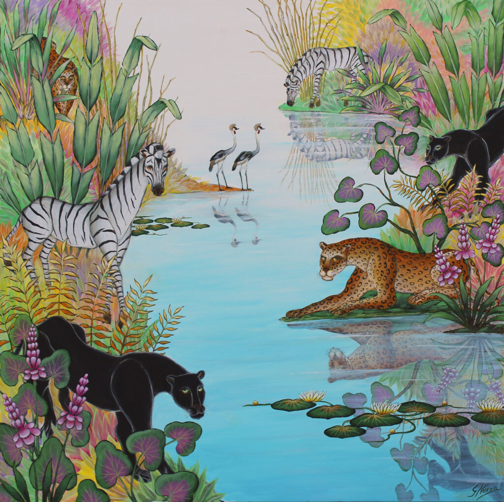 Gustavo Novoa Painting Animals Grazing Near Jungle River